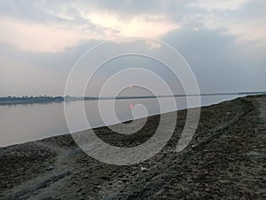 Indian river Sarayu in  winter sunset