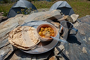 Indian Roti-Sabzi ( Indian bread and vegetable curry) food platter in the outdoors