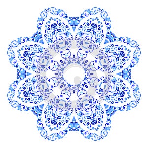 Indian round ornament, kaleidoscopic floral pattern, mandala. Design made in Russian gzhel style and colors