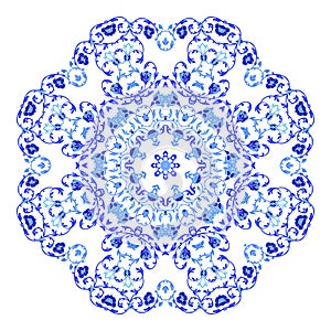 Indian round ornament, kaleidoscopic floral pattern, mandala. Design made in Russian gzhel style and colors