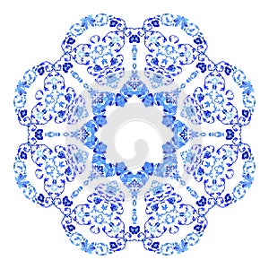 Indian round ornament, kaleidoscopic floral pattern, mandala. Design made in Russian gzhel style and colors