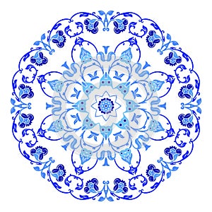 Indian round ornament, kaleidoscopic floral pattern, mandala. Design made in Russian gzhel style and colors