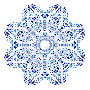 Indian round ornament, kaleidoscopic floral pattern, mandala. Design made in Russian gzhel style and colors.