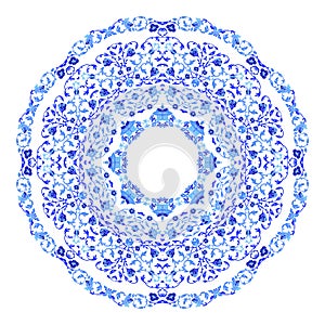 Indian round ornament, kaleidoscopic floral pattern, mandala. Design made in Russian gzhel style and colors.