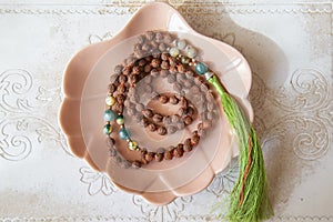 Indian rudraksha seed beads 108 mala necklace with Buddha pendant tassel
