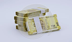 Indian Rupee 20 INR Currency Note Bundles - 3D Illustration photo