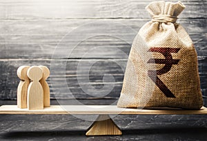 Indian rupee INR symbol on money bag and people on scales. concept attracting investment, business cooperation, crowdfunding photo