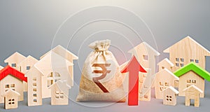 Indian rupee money bag and a city of house figures and red up arrow. Recovery and growth in property prices, high demand.
