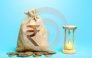 Indian rupee money bag and hourglass. Profitability and return on investment. Time for paying taxes. Pension savings. Customer