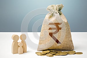 Indian rupee money bag with money and family figurines. Financial support for social institutions. Providing assistance