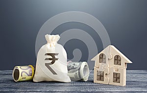 Indian rupee money bag and puzzle house. Mortgage loans building maintenance and utility services costs. Energy efficiency,