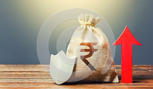 Indian rupee money bag with a shield and a red arrow up. Safety of investments, savings. Increasing the maximum amount