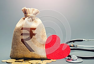 Indian rupee money bag and stethoscope. Health life insurance financing concept. Subsidies. Reforming and preparing for new