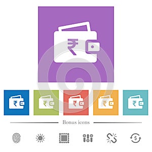 Indian Rupee wallet flat white icons in square backgrounds