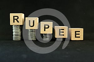 Indian rupee weakening, value depreciation and devaluation concept. Decreasing stack of coins