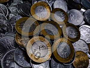 Indian rupees coin stock image with flower-shaped design of 10 rupees coins.