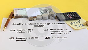 Indian Rupees Investment in Equity Linked Savings Scheme for Tax Savings Concept