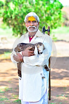 Indian Rural Man Holding Baby Sheep In His Hands Traditional Dress