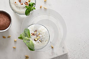 Indian Salty lassi with mint leaves and kala namak.