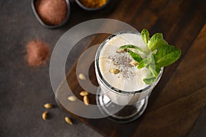 Indian Salty lassi with mint leaves and kala namak.