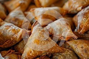 Indian Samosa Closeup, Samsa Stuffed with Beef and Onion, Traditional Uzbek Veal Meat Pies