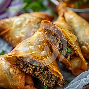 Indian Samosa Closeup, Samsa Stuffed with Beef and Onion, Traditional Uzbek Veal Meat Pies