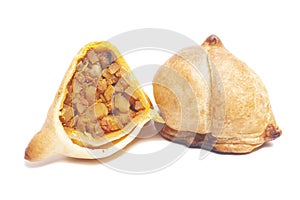 Indian samosa isolated on white background.