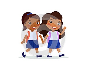 Indian schoolgirls going to school flat vector illustration. Couple pupils in uniform holding hands isolated cartoon characters.