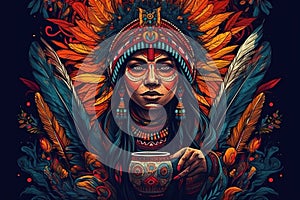 Indian shaman woman adorned with colorful feathers, who appears to be deeply inspired and engaged in an ayahuasca
