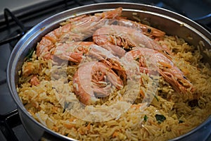 Indian shrimp biriani. Rice with prawns and spices