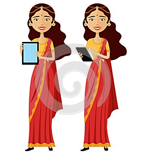 Indian smiling business woman standing with tablet isolated on