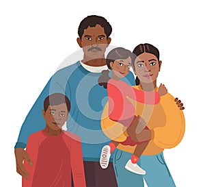 Indian Smiling family portrait. Chinese mother, father, son and little daughter. Vector illustration simple