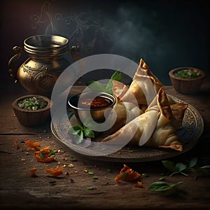 Indian snack Samosas with side dishes on a table