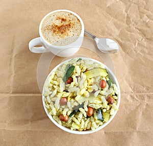 Indian Snack Spicy Puffed Rice and Coffee photo
