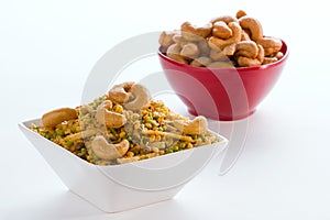 Indian Snack in white bowl isolated.