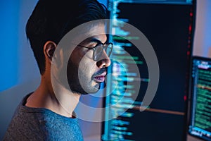 Indian software development working on coding computer screen and flowchart at night in modern office