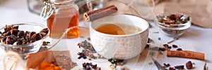 Indian spa and relaxation,  herbal tea ceremony. Dry leaves, spices, cinnamon, anise, curcuma, dry fruits and vegetables. Vintage