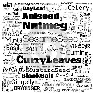 Indian spice word cloud, word cloud use for banner, painting, motivation, web-page, website background, t-shirt & shirt printing,