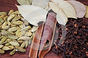 Indian Spices-Cardamom Cinnamon Cloves and Bayleaf close-up- 22 JULY 2017.