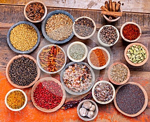 Indian spices collection, dried colorful condiment, nuts, pods and seeds and another spices in clay bowls