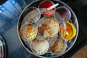 Indian spices collection in a tray