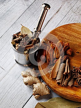 Indian spices, Ginger, Bay leaves, Mace, Cardamon