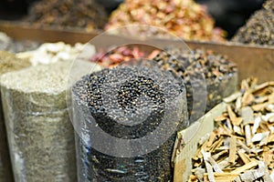 Indian Spices, heap of dried black pepper mixed spices background South India,