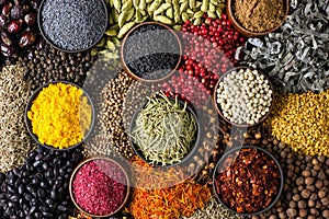 Indian spices and herbs as background for packing labels with food