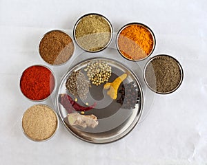 Indian Spices and their Powders on a Steel Plate and in Bowls