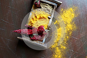 Indian spices of Turmeric, coriander powder and chili powder