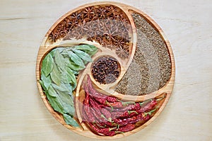 Indian spices on the wooden plate: star anise, bay leaves, paprika, dried cloves and cumin close up. Spices texture background