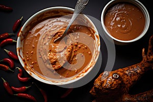 Indian Spicy Chilli Dip in a bowl on black background, Frisch gebackenes ganzes HÃ¤hnchen mit Honigsauce, AI Generated