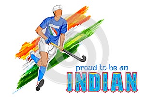 Indian sportsman field hockey player victory in championship on tricolor India background