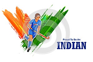 Indian sportsman field hockey player victory in championship on tricolor India background